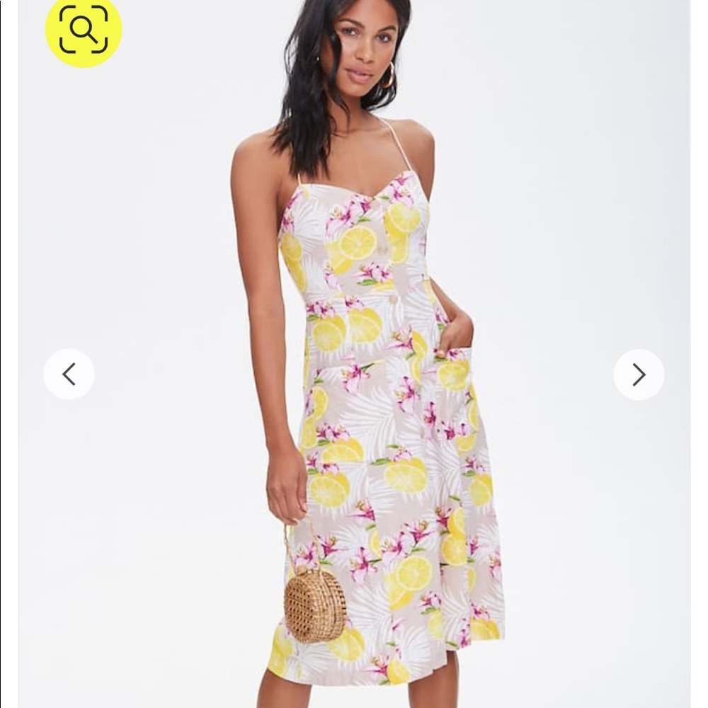 Forever21 Lemon Tropical Floral Tie Bck Midi Dress